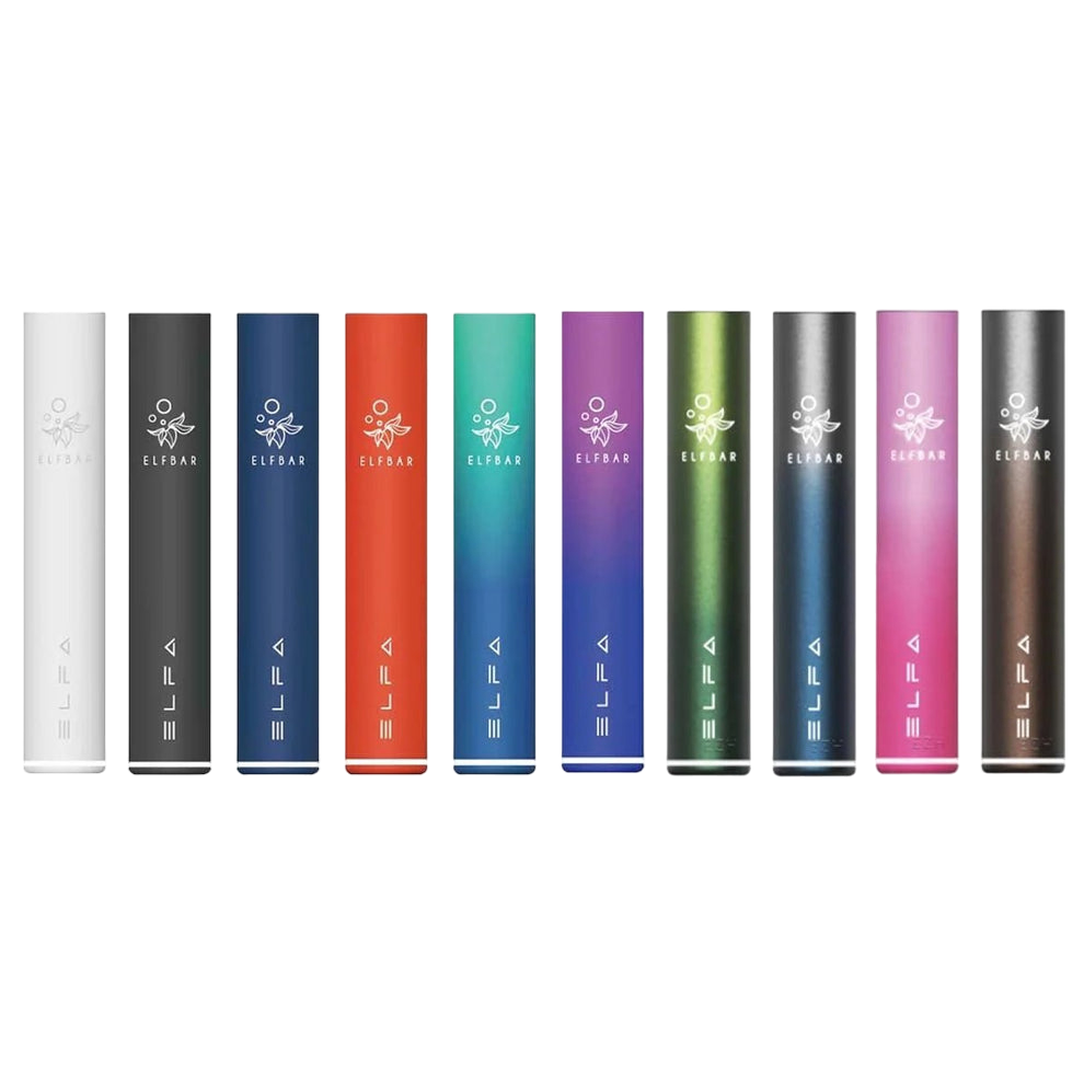 Reihe von zehn farbenfrohen E-Zigaretten-Geräten von Elfa-Basisgeräte mit „Elf Bar“-Logo in verschiedenen Farben auf schwarzem Hintergrund.