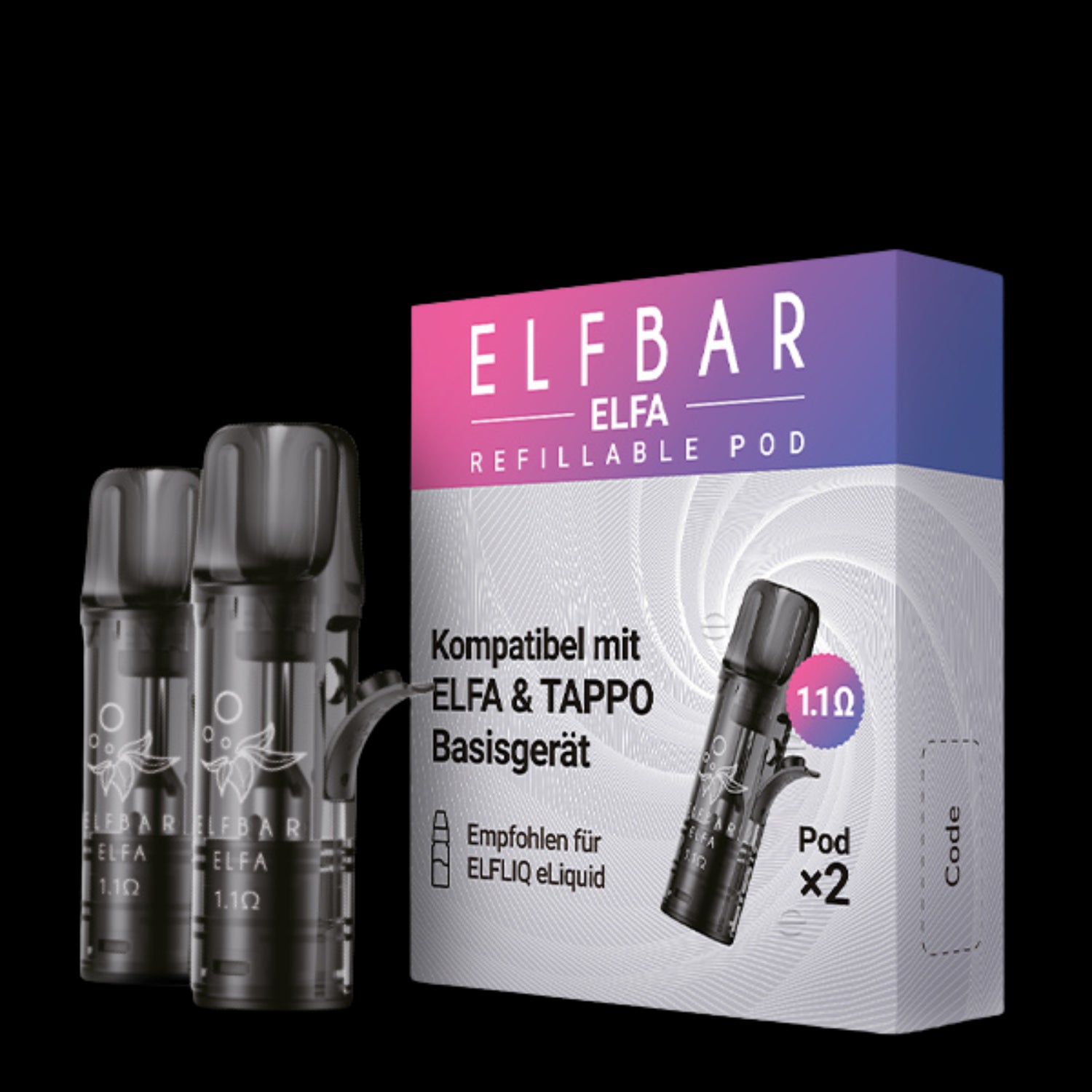 Box mit der Aufschrift „2x Elfbar ELFA Refillable Pod 1,1 Ω“ mit zwei nachfüllbaren Pods, lila-weißer Farbverlaufsbox, Text zur Kompatibilität.