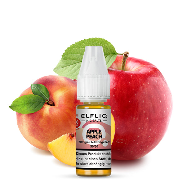 Flasche Apple Peach ELFLIQ E-Liquid (10 ml, 20 mg/ml) mit rotem Apfel, Pfirsichscheiben und grünen Blättern im Hintergrund.