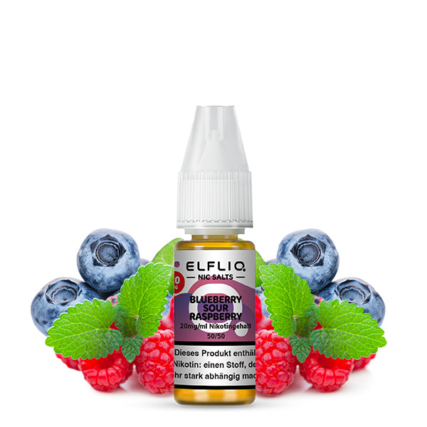 Blueberry Sour Raspberry ELFLIQ E-Liquid 20mg Flasche mit frischen Blaubeeren, Himbeeren und Minzblättern