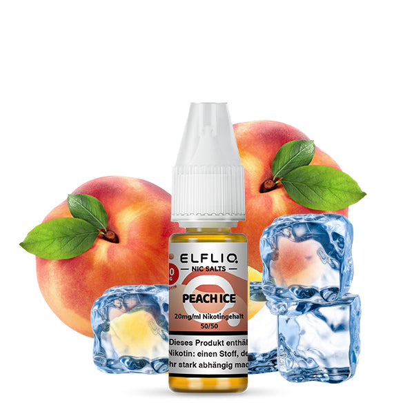 Peach Ice ELFLIQ E-Liquid 10ml Flasche mit Pfirsichen, Eiswürfeln; 20mg/ml Nikotin, 50/50 VG/PG Verhältnis Etikett