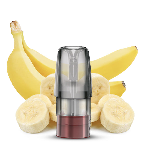 Bananen-Vape-Pod mit ganzen und geschnittenen Bananen, die die Bananengeschmacksfusion hervorheben.