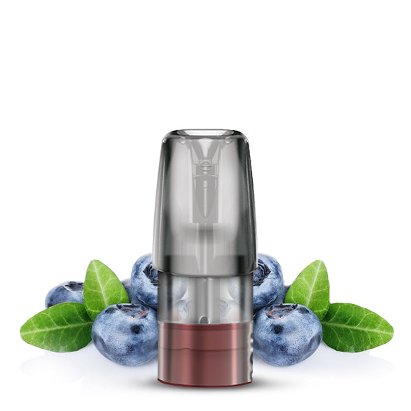 Tappo 2x Blueberry Vape Pod mit dunkelgrauem Mundstück und bräunlicher Basis, frischen Blaubeeren, grünen Blättern auf weißem Hintergrund.