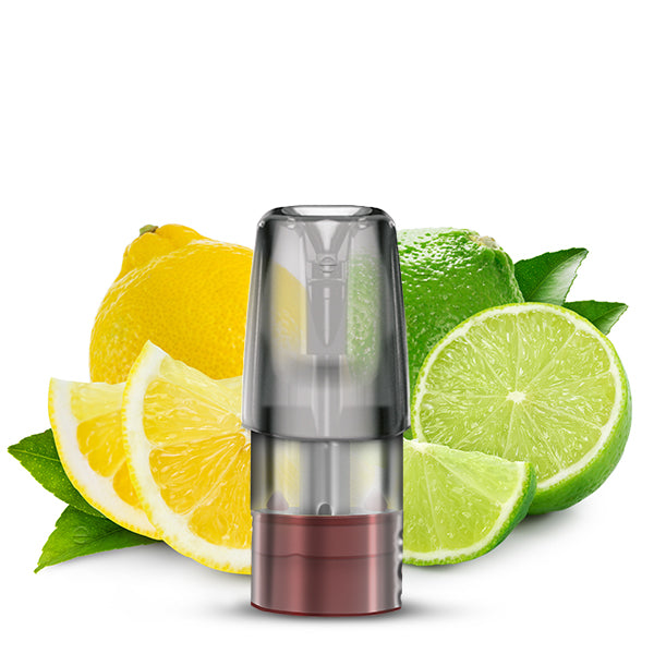 Lemon and Lime Vape Pod mit Zitronen- und Limettenscheiben im Hintergrund, zylindrische Form mit braunem Farbverlauf am Boden.