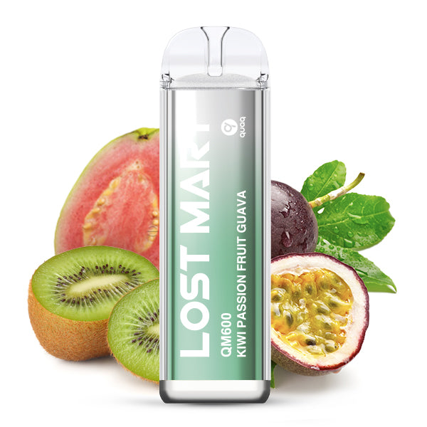 Lost Mary QM600 Kiwi-Passionsfrucht-Guava-Vape mit geschnittener Kiwi, Passionsfrucht, Guave und einem Hintergrund aus grünen Blättern.