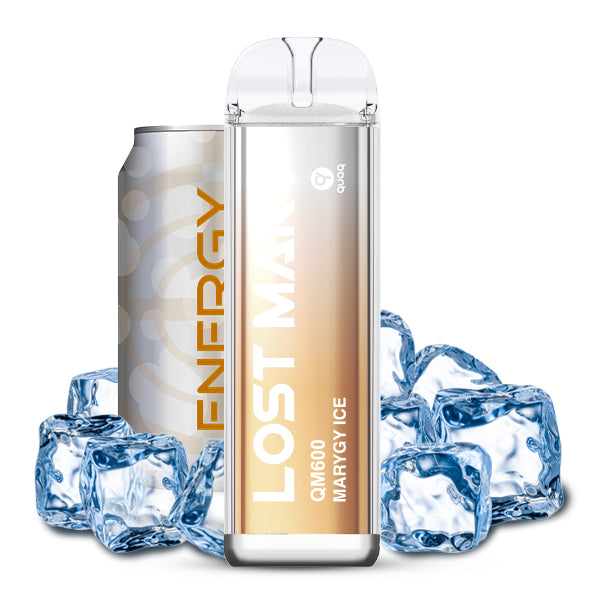 Einweg-Vaping-Gerät mit der Aufschrift „Marygy Ice“ neben einer „ENERGY“-Metalldose, umgeben von Eiswürfeln auf weißem Hintergrund.
