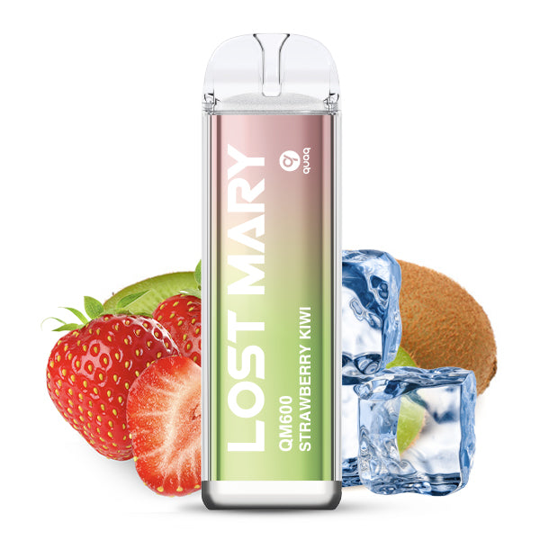 Erdbeer-Kiwi-Dampfgerät LOST MARY QM600 mit Erdbeeren, Kiwischeiben und Eiswürfeln im Hintergrund.