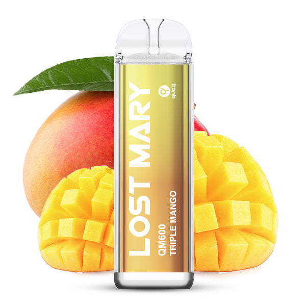 Triple Mango Lost Mary QM600 Dampfgerät, gelb-grüner Farbverlauf, ganzer und gewürfelter Mangohintergrund, fruchtiges Thema.