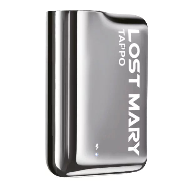 Schickes silbernes Lost Mary Basisgerät Edelstahl-Gadget mit Blitzsymbol, elektronisches Gerät in modernem Design.