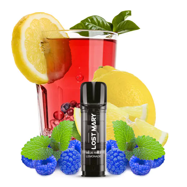 2er-Pack Blue Razz Lemonade TAPPO Pods mit rotem Getränk, Eis, Zitronenscheibe, blauen Himbeeren, Zitronen und Minzblättern.